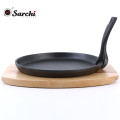 High quality Steak plate with wood base round skillet grddle pan Cast iron steak sizzling plate